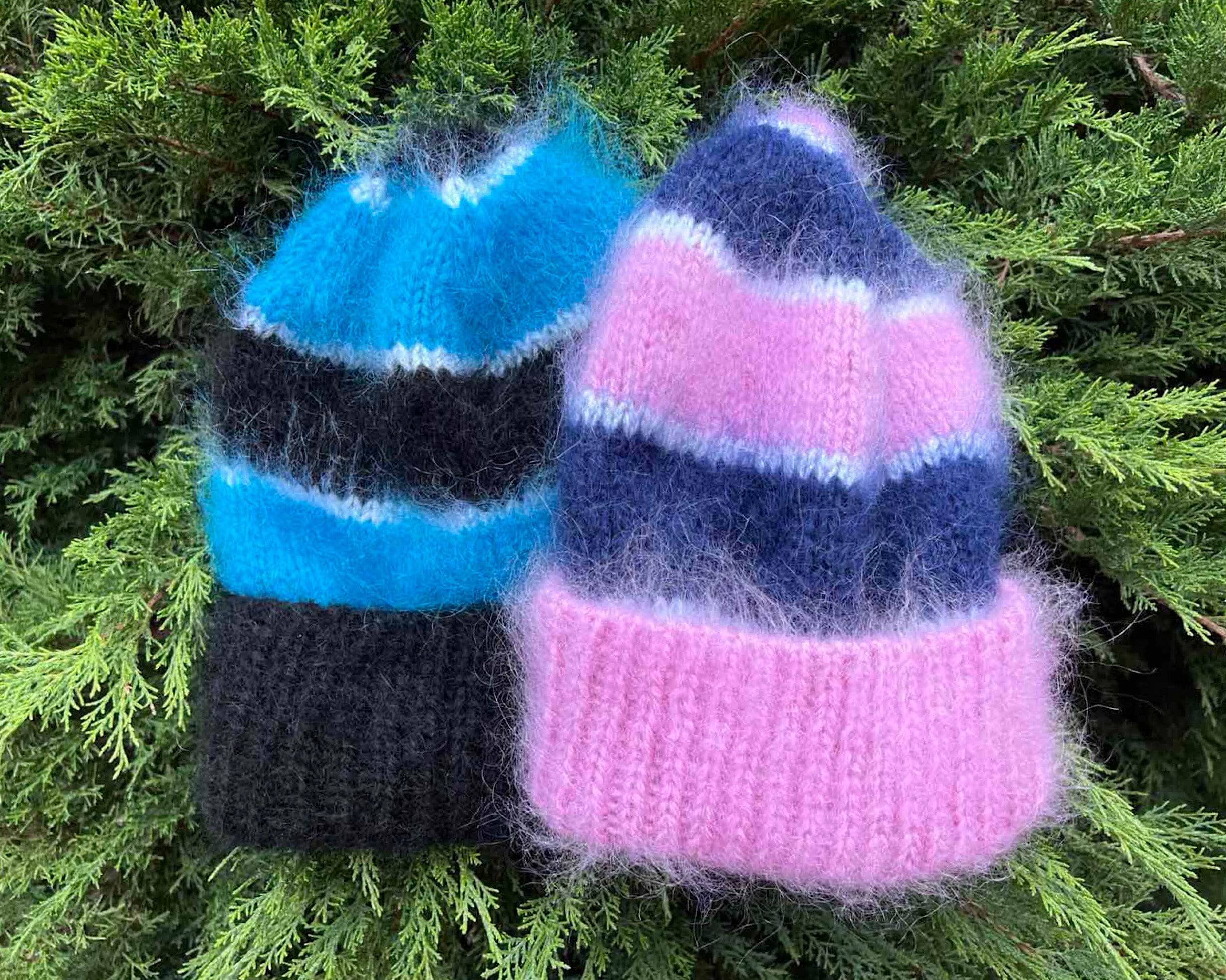 Striped Mohair Beanie - Pink Mohair Hat for Women - Hand