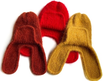 Mohair beanie hat with ear flaps - Chunky hand knit mohair balaclava