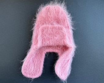 Chunky mohair hat with ear flaps - Winter knit women hat - Pink mohair hat