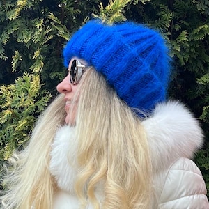 Mohair Beanie Mütze - Blau handgestrickte Mütze