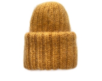 Gorro mohair grueso - Gorro invierno mujer - Gorro punto mostaza