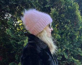 Pink chunky mohair beanie hat