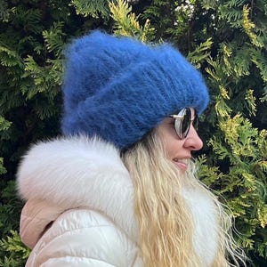Brushed mohair double layer beanie - Womens winter hat color INDIGO