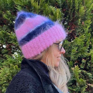 Bonnet rayé en mohair - Bonnet rose en mohair pour femme - Bonnet tricoté main pour homme
