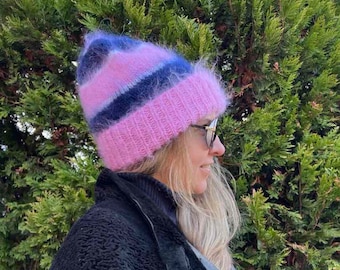 Striped Mohair Beanie - Pink Mohair Hat for Women - Hand Knit Hat