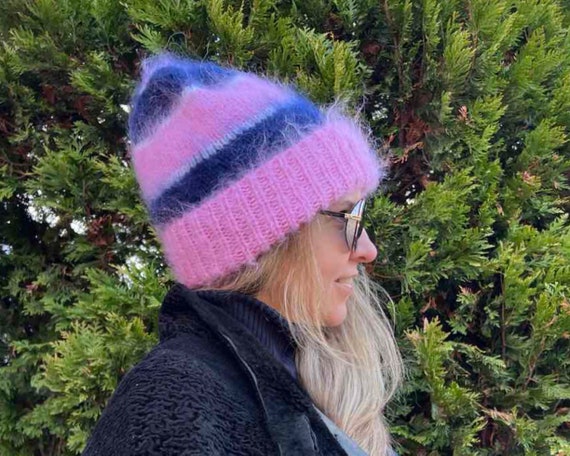 Striped Mohair Beanie Pink Mohair Hat for Women Hand Knit