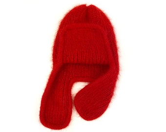 Chunky mohair beanie - Red wool hand knit hat - Winter hat with ear flaps