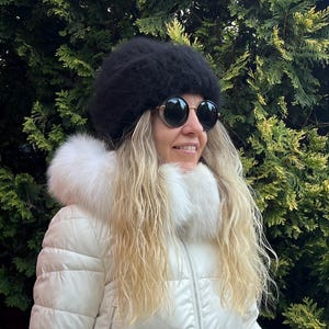 Chunky mohair double layer beanie hat - Brushed womens beanie in black color