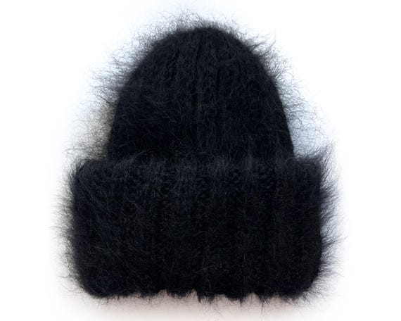 Chunky Knit Mohair Beanie Hat in Black - Etsy