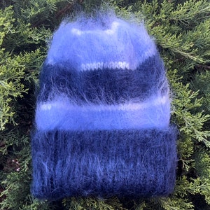 Blaue Mohair Beanie - Damen Wintermütze