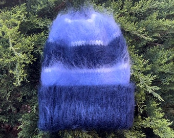 Blaue Mohair Beanie - Frauen Wintermütze