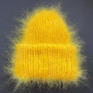 Yellow mohair double layer beanie hat