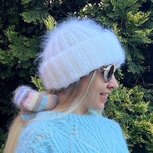 White chunky mohair beanie for women