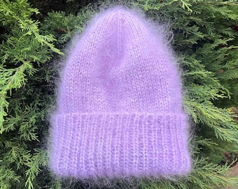 Lavender mohair beanie hat - Chunky hand knit hat - Man knit hat