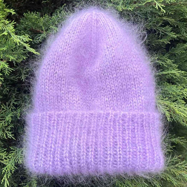 Lavender mohair beanie hat - Chunky hand knit hat - Man knit hat