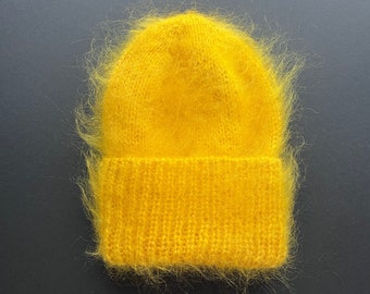 Yellow mohair beanie hat