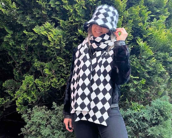 Mohair Checkered Black and White Hat Mohair Bucket Hat - Custom Mohair Hat - Chechered Black and  main image 2