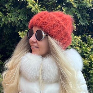 Chunky mohair beanie - Brushed winter hat in color TERRA