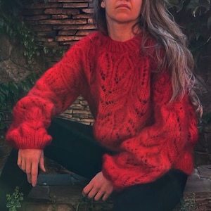 Chunky mohair sweater for women - Red knit oversized sweater - Winter women sweater