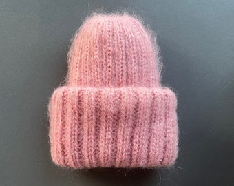 Chunky mohair beanie hat for women / Color POWDER