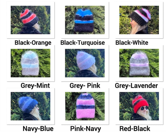 Striped Mohair Beanie - Pink Mohair Hat for Women - Hand