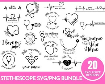 聴診器の分割モノグラム SVG バンドル、手描きの看護師 SVG、聴診器のハート、花柄 SVG、医師 SVG カット ファイル、看護師のクリップアート
