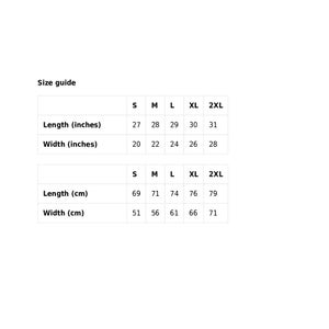 May include: Size guide chart for clothing with measurements in inches and centimeters. The chart shows the length and width of clothing in sizes S, M, L, XL, and 2XL.