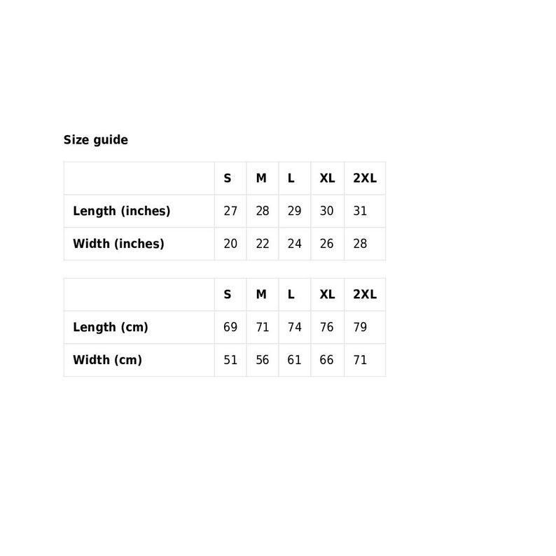 May include: Size guide chart for clothing with measurements in inches and centimeters. The chart shows the length and width of clothing in sizes S, M, L, XL, and 2XL.