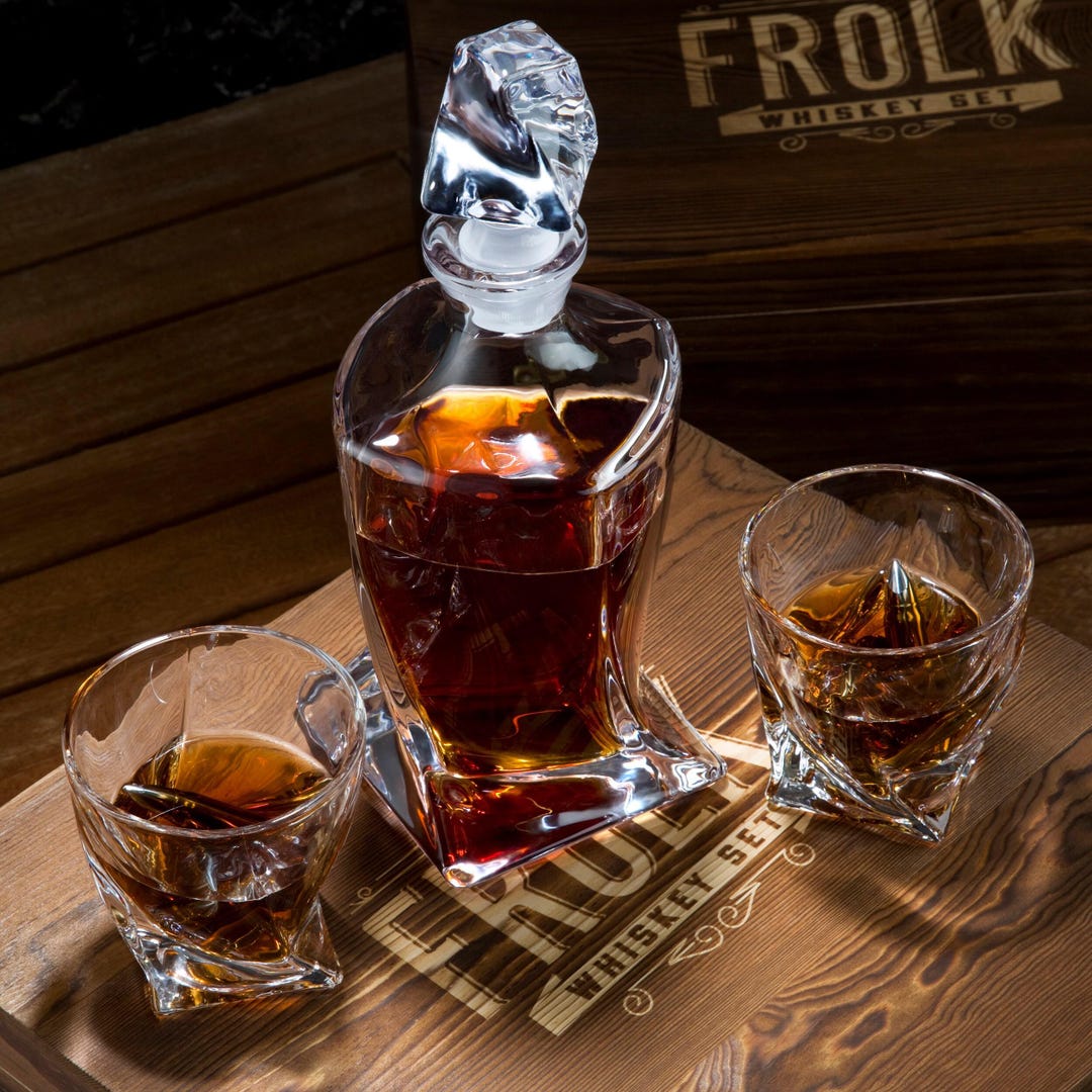 Whiskey Decanter Set: XL Chilling Bullets, Crystal Glasses, Freezer ...