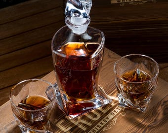 Whiskey Decanter Set: XL Chilling Bullets, Crystal Glasses, Freezer Base