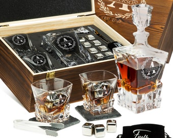 Personalized Whiskey Decanter & Stones Set - Customized Gift for Men, Father - Decanter, 2 Glasses, 8 Cubes, Coasters, Tongs in Wooden Box