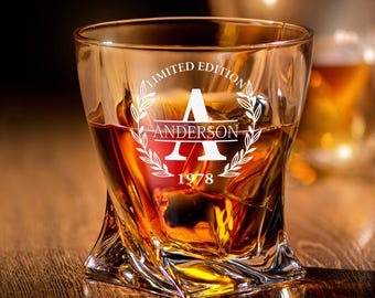 Personalized Whiskey Glass Set with Twisted Decanter - Engraved Bourbon Glasses, Groomsmen Gift, Wedding, Home Bar