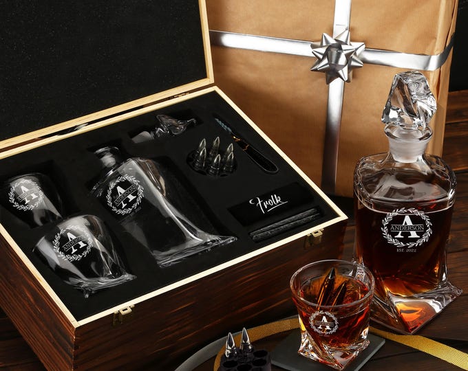 Personalized Whiskey Decanter & Stones Set - Customized Gift for Men - Decanter, 2 Glasses, 6 XL Bullets, Coasters,Tongs,Pouch in Wooden Box