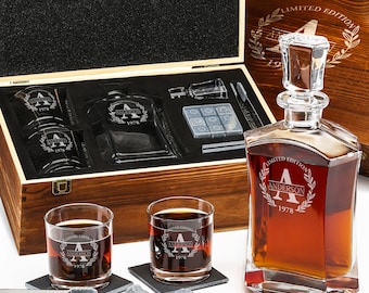 Personalized Whiskey Decanter & Stones Set - Customized Gift for Men - Sleek Decanter, 2 Glasses, 9 Granite Stones, Tongs in Wooden Gift Box