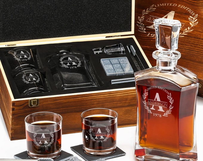 Personalized Whiskey Decanter & Stones Set - Customized Gift for Men - Sleek Decanter, 2 Glasses, 9 Granite Stones, Tongs in Wooden Gift Box