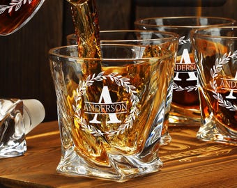 Personalized Whiskey Glasses Set of 2 with Twisted Decanter - Engraved Bourbon Glasses, Groomsmen Gift, Wedding, Home Bar