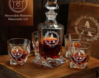Personalized Twisted Whiskey Decanter & 4 Glasses – Unique Christmas Gift for Husband or Boyfriend – Modern Engraved Barware