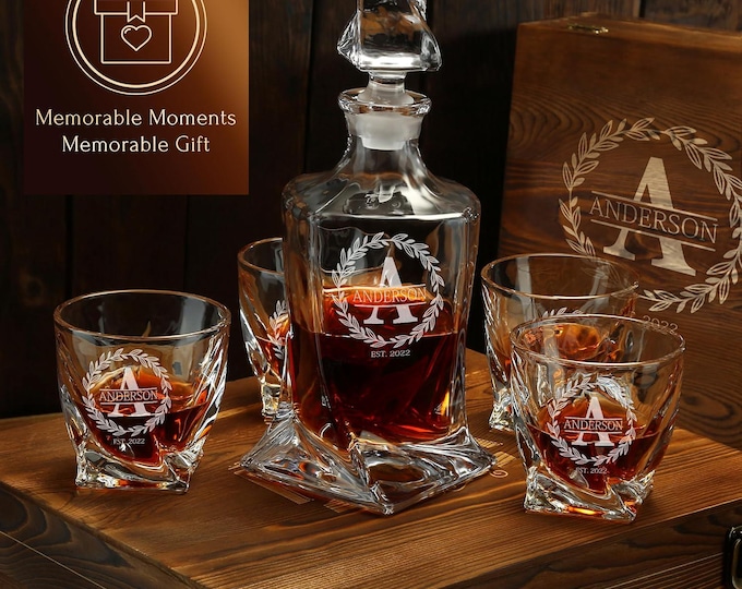 Personalized Twisted Whiskey Decanter & 4 Glasses – Unique Christmas Gift for Husband or Boyfriend – Modern Engraved Barware