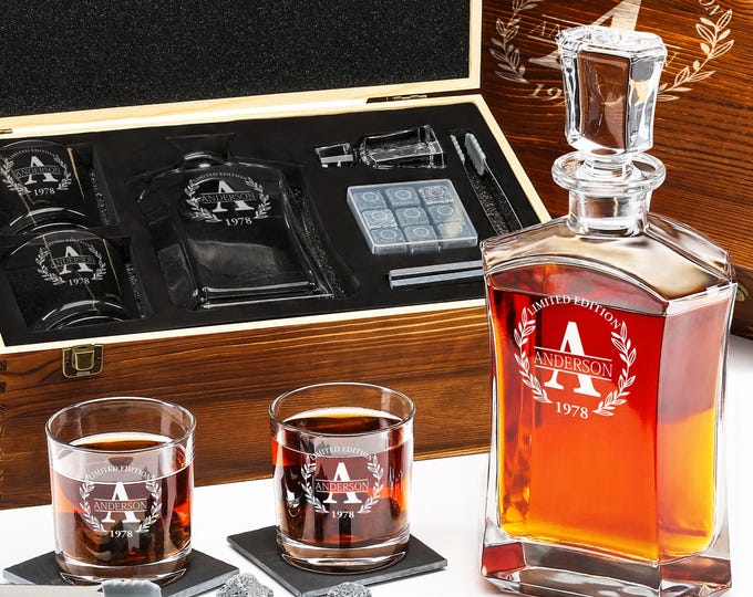 Personalized Whiskey Decanter Set: Engraved Glasses, Granite Stones, Wooden Box