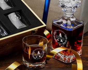 Personalized Whiskey Classic Decanter Gift Set - Engraved Glasses & Wooden Gift Box
