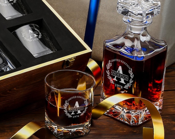 Personalized Whiskey Classic Decanter Gift Set - Engraved Glasses & Wooden Gift Box