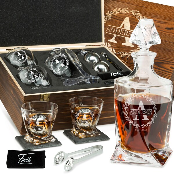 Personalized Whiskey Decanter & Stones Set - Customized Gift for Men - Twisted Decanter, 2 Glasses, 2 Balls, Coasters, Tongs - Wooden Box