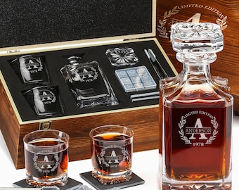 Personalized Whiskey Decanter & Stones Set - Customized Gift for Men - Square Decanter, 2 Glasses, 9 Granite Stones, Tongs, Wooden Gift Box
