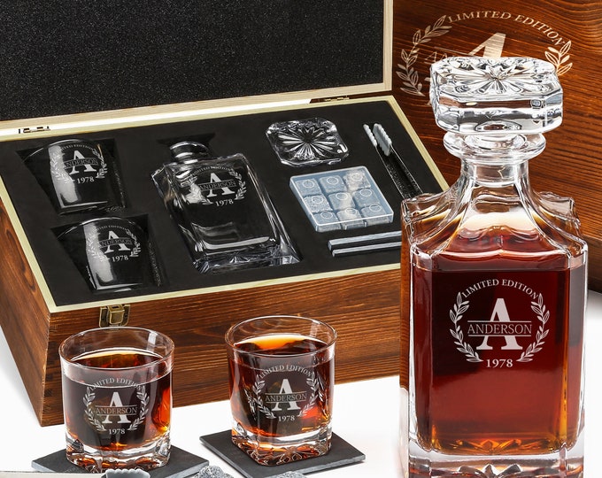 Personalized Whiskey Decanter & Stones Set - Customized Gift for Men - Square Decanter, 2 Glasses, 9 Granite Stones, Tongs, Wooden Gift Box