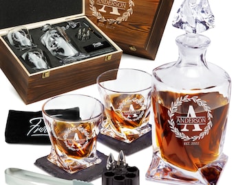 Personalized Whiskey Decanter & Stones Set - Customized Gift for Men - Decanter, 2 Glasses, 6 XL Bullets, Coasters,Tongs,Pouch in Wooden Box