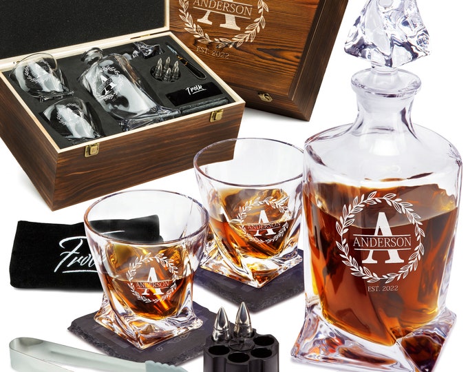 Personalized Whiskey Decanter & Stones Set - Customized Gift for Men - Decanter, 2 Glasses, 6 XL Bullets, Coasters,Tongs,Pouch in Wooden Box