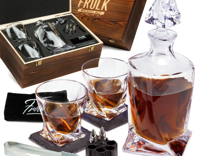 Whiskey XL Bullets & Decanter Set - Decanter,2 XL Glasses,6 XL Chilling Bullets,Freezer Base,2 Coasters,Tongs,Freezer Pouch in Premium Box
