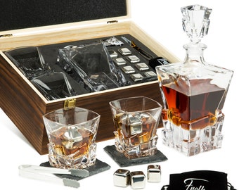 Whiskey 8 Cubes & Decanter Set - Decanter, 2 Rocks XL Glasses, 8 Chilling Cubes, 2 Coasters, Tongs,  Freezer Pouch in Premium Pinewood Box