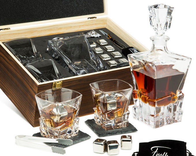 Whiskey 8 Cubes & Decanter Set - Decanter, 2 Rocks XL Glasses, 8 Chilling Cubes, 2 Coasters, Tongs,  Freezer Pouch in Premium Pinewood Box