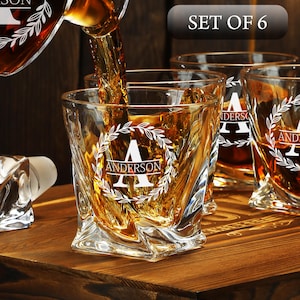 Personalized Whiskey Glasses Set of 6 with Twisted Decanter - Engraved Bourbon Glasses, Groomsmen Gift, Wedding, Home Bar